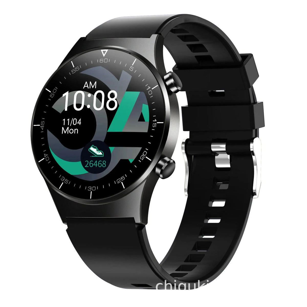Black smart sports watch with astronaut bracelet design showing heart rate and blood pressure monitoring on 1.3 inch touchscreen