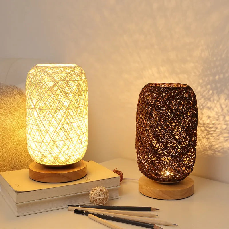 Brown hemp rope wrapped desk lamp with solid wood base and Sepak Takraw ball design