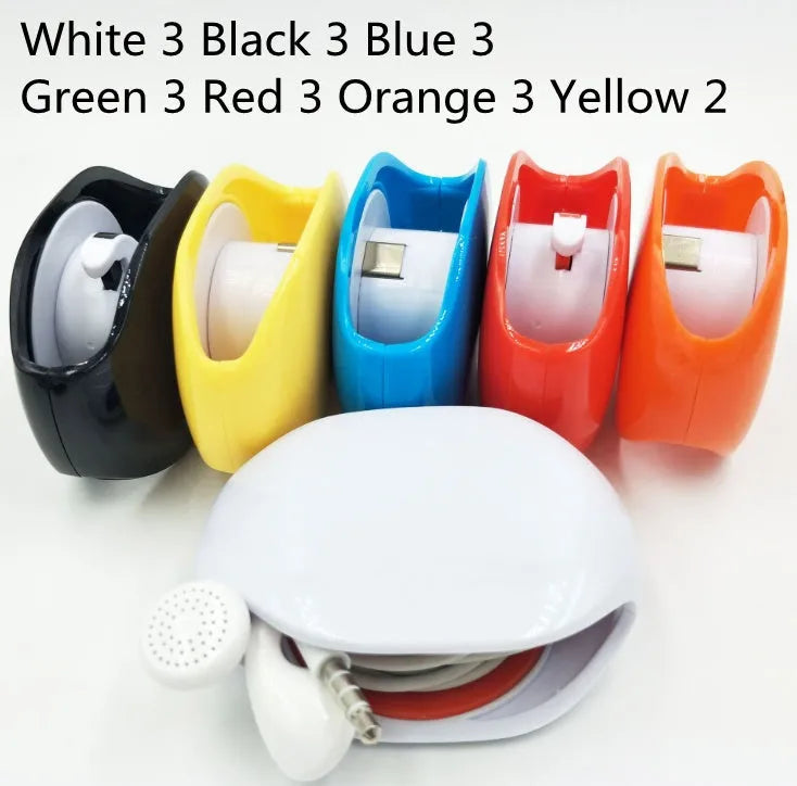 Automatic earphone cable winder retractor in various colours on a white background.