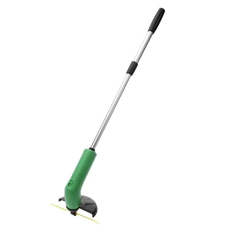 Cordless lawn trimmer with extension pole and protective shield for garden maintenance