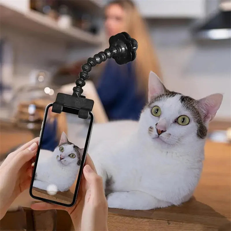 Black plastic pet photography tool with treat clip and phone holder, shown rotated to adjust angle.