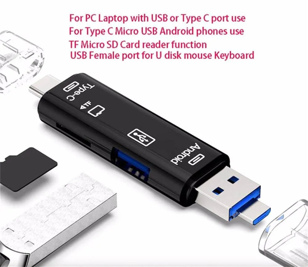 USB-C OTG Hub Adapter with Micro USB port and TF card reader in black or white
