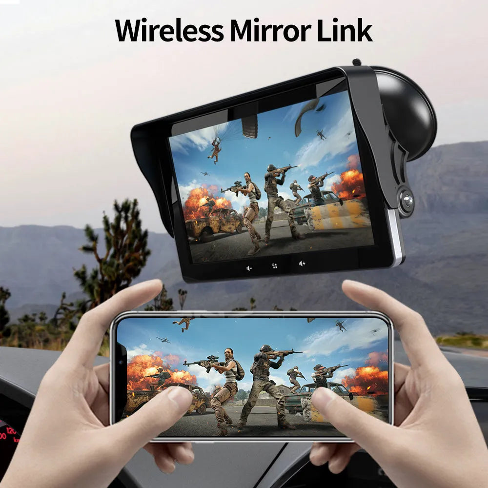 7 inch wireless CarPlay car display with suction cup mount and cigarette lighter power cable