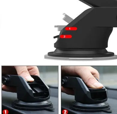 Black universal car phone bracket with telescopic long rod extended to show adjustable reach