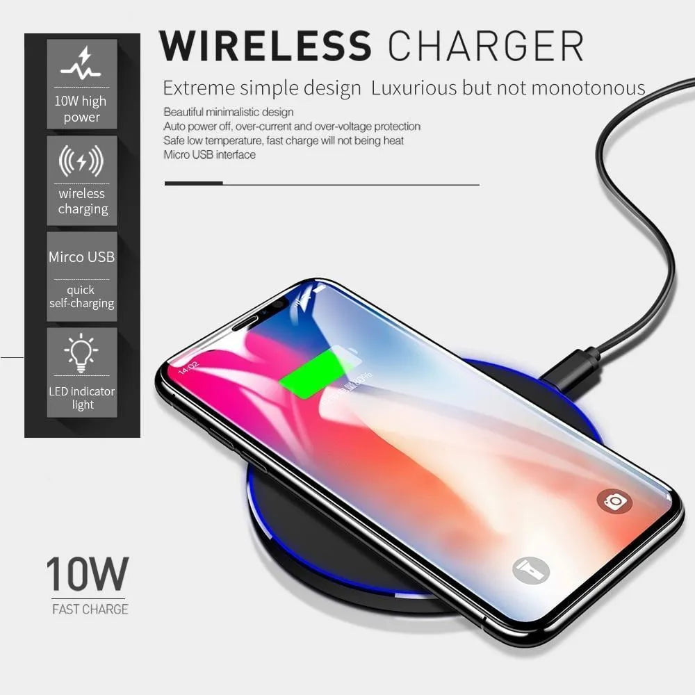 Black square wireless charging pad with ultra-thin 6.5mm profile showing 9V QI fast charging capability
