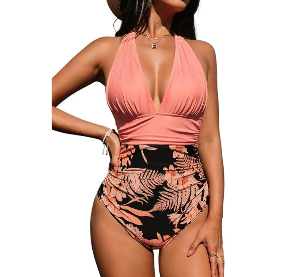 Women's backless halter neck one-piece swimsuit in floral and leopard print patterns