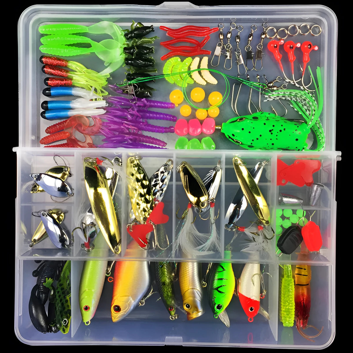 Junior fishing lure suit set in PP plastic box with multiple pack size options for entry-level anglers