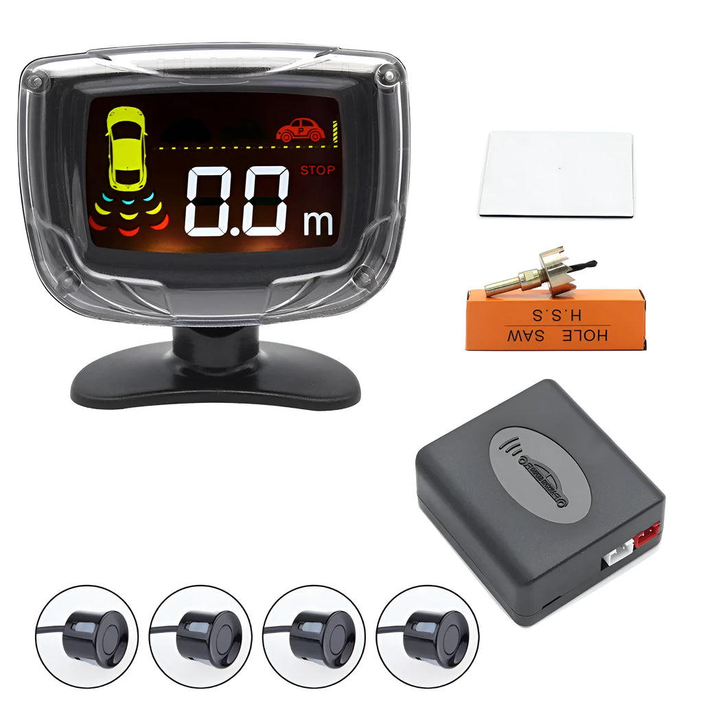 Wireless vehicle reversing sensor kit with digital display unit, four ultrasonic probes, and installation tools.
