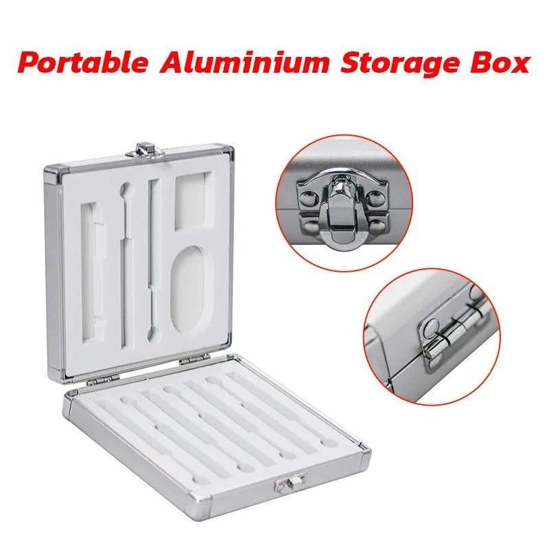 Silver aluminium storage box for a soldering iron with dimensions 154mm by 147mm