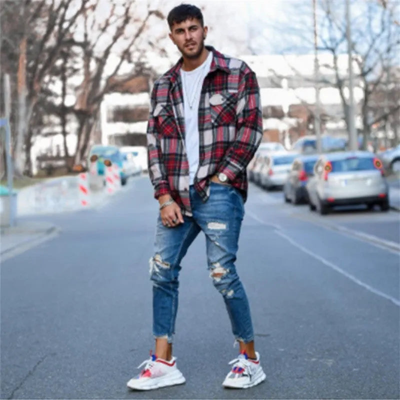 Deep blue men's straight leg jeans with 98% cotton composition on Asian size chart