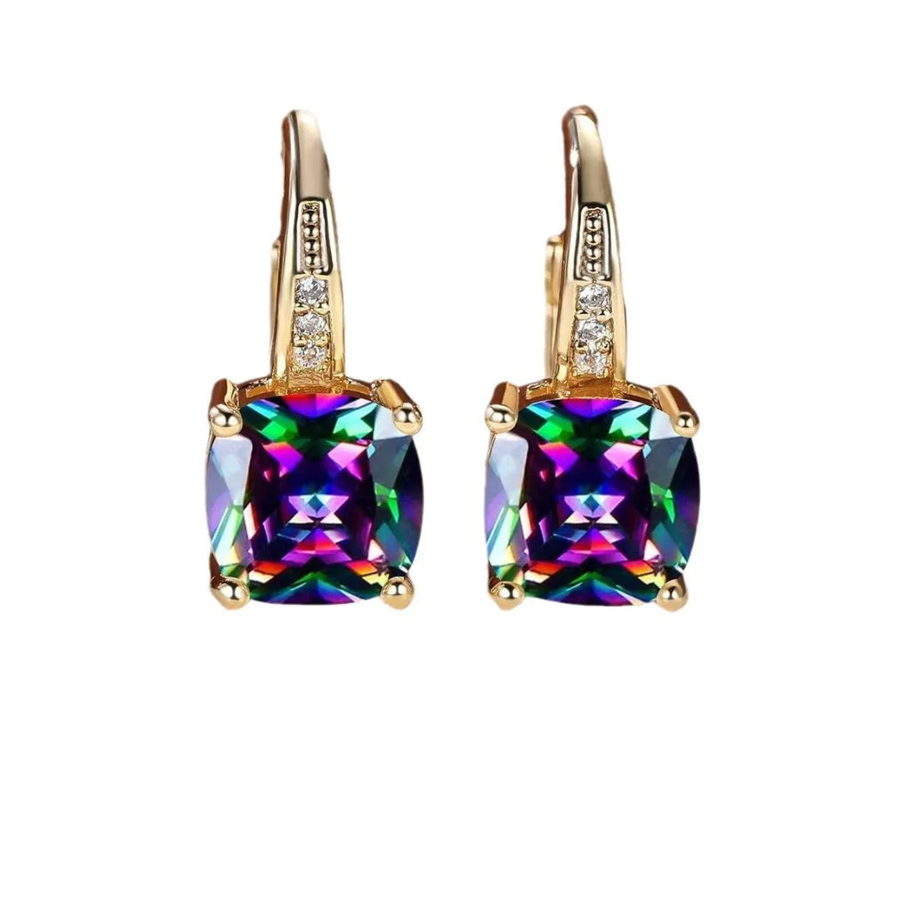 Square geometric ear clip with colourful moissanite stones in gold electroplated finish