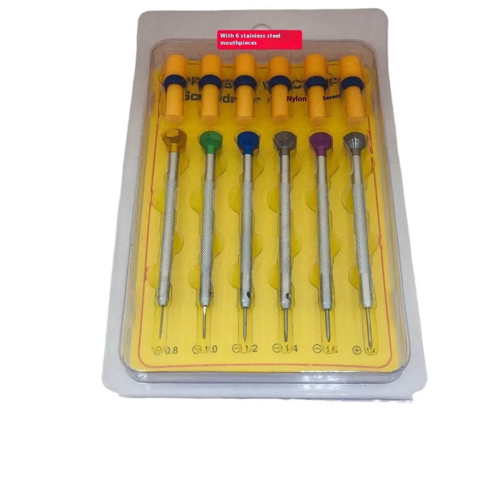Set of six colour-coded aluminium handle screwdrivers for watch and precision repair work.