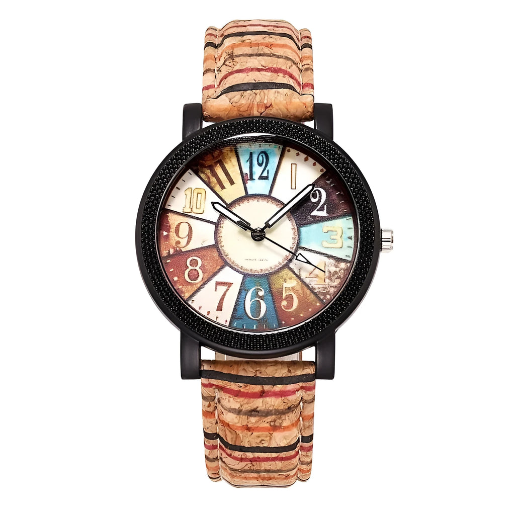 Women's vintage quartz wrist watch with brown leather strap and 37mm round dial
