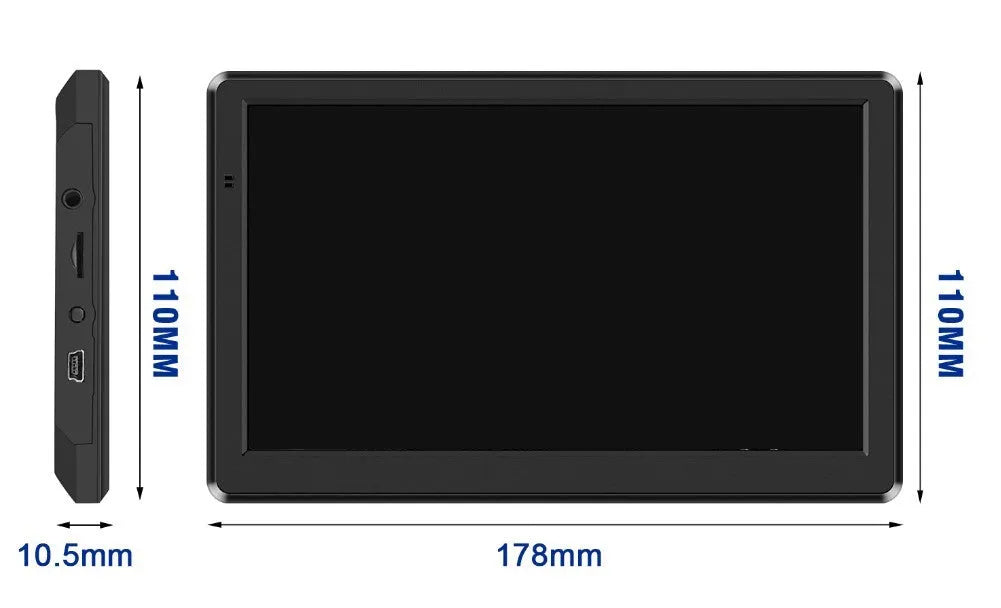 7-inch portable car GPS navigation device with touch screen showing maps, includes charger and mounting bracket