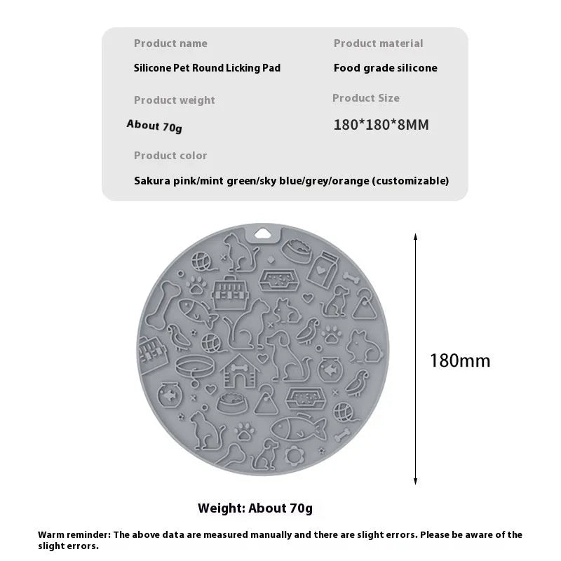 Round blue silicone pet licking mat for cats and dogs on a white background.