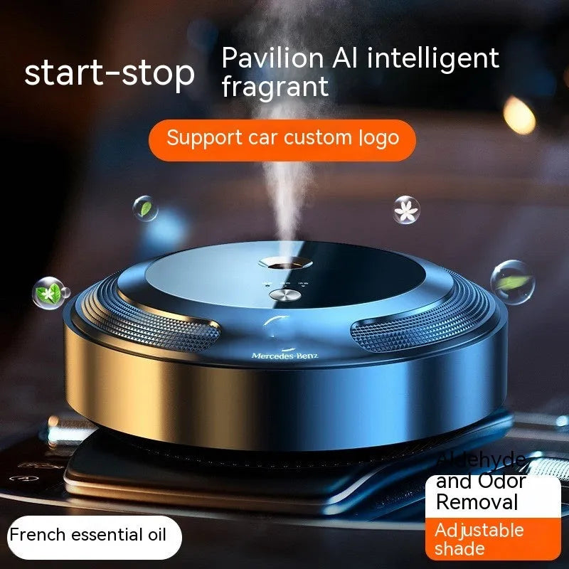 Car air freshener diffuser with automatic spray, zinc alloy shell and vehicle logo colour option