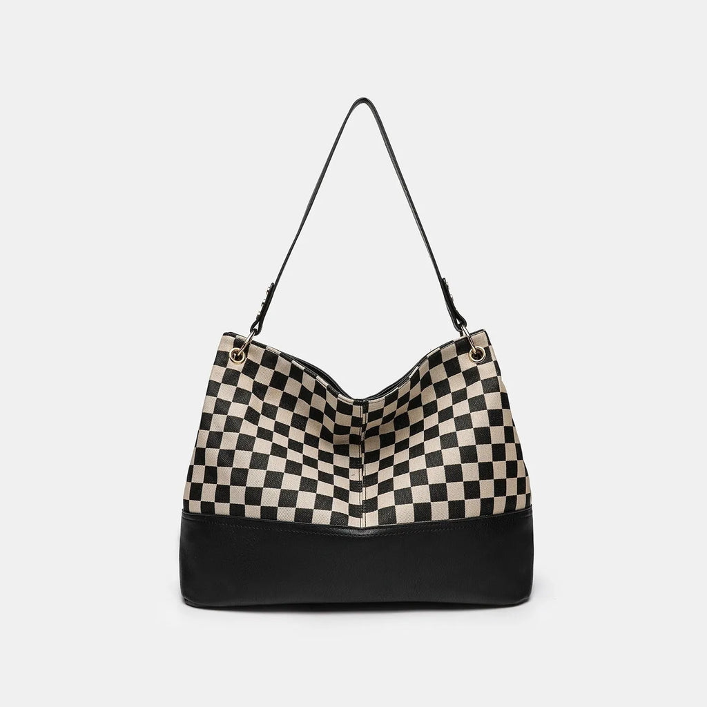 One-shoulder canvas stitching PU crossbody bag in black or light brown with open outer pocket and horizontal square shape