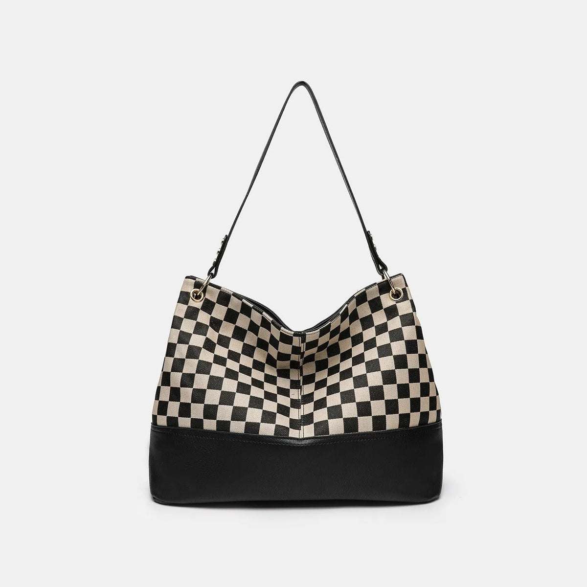One-shoulder canvas stitching PU crossbody bag in black or light brown with open outer pocket and horizontal square shape