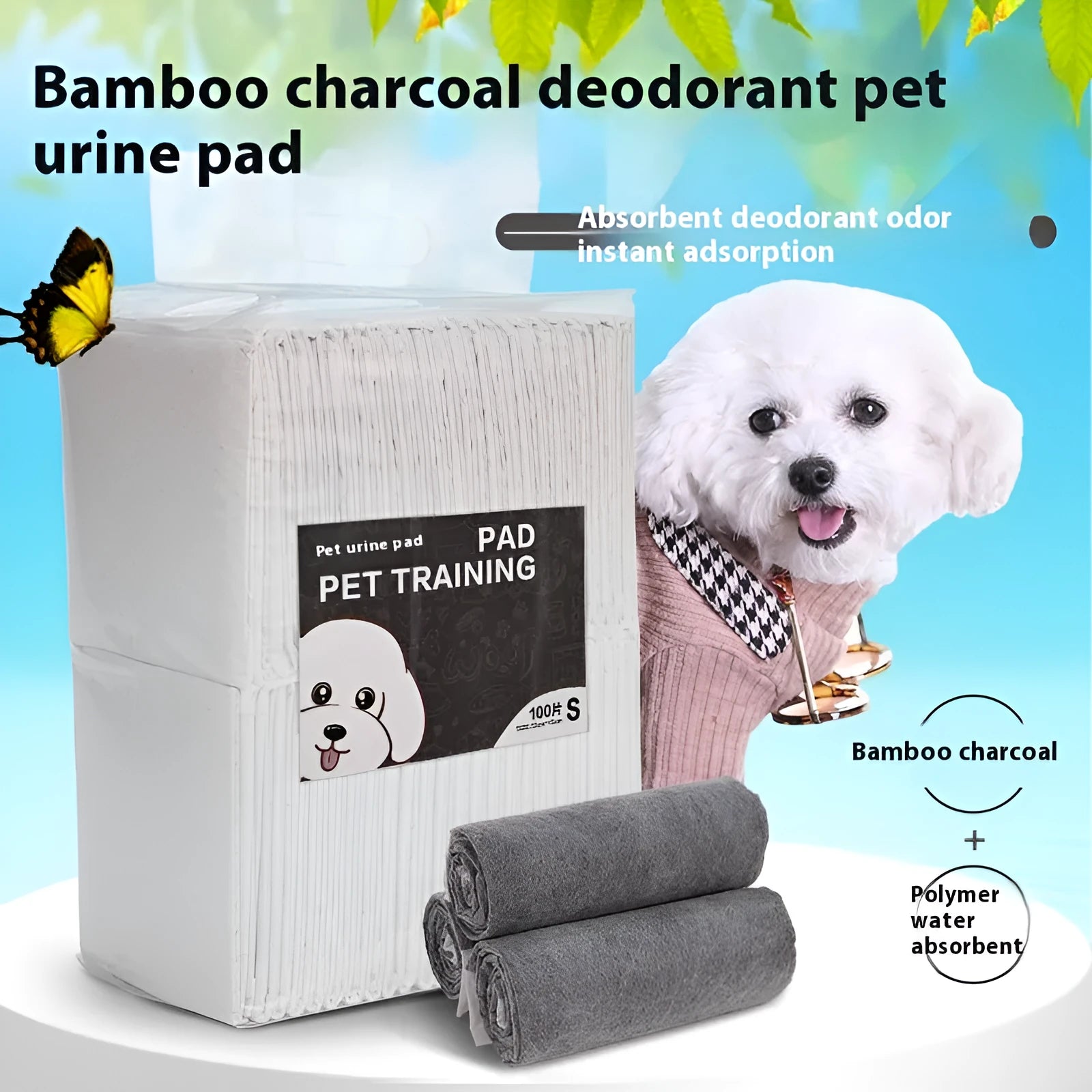 Pack of thick deodorant pet urinal pads for dogs and cats in various sizes.