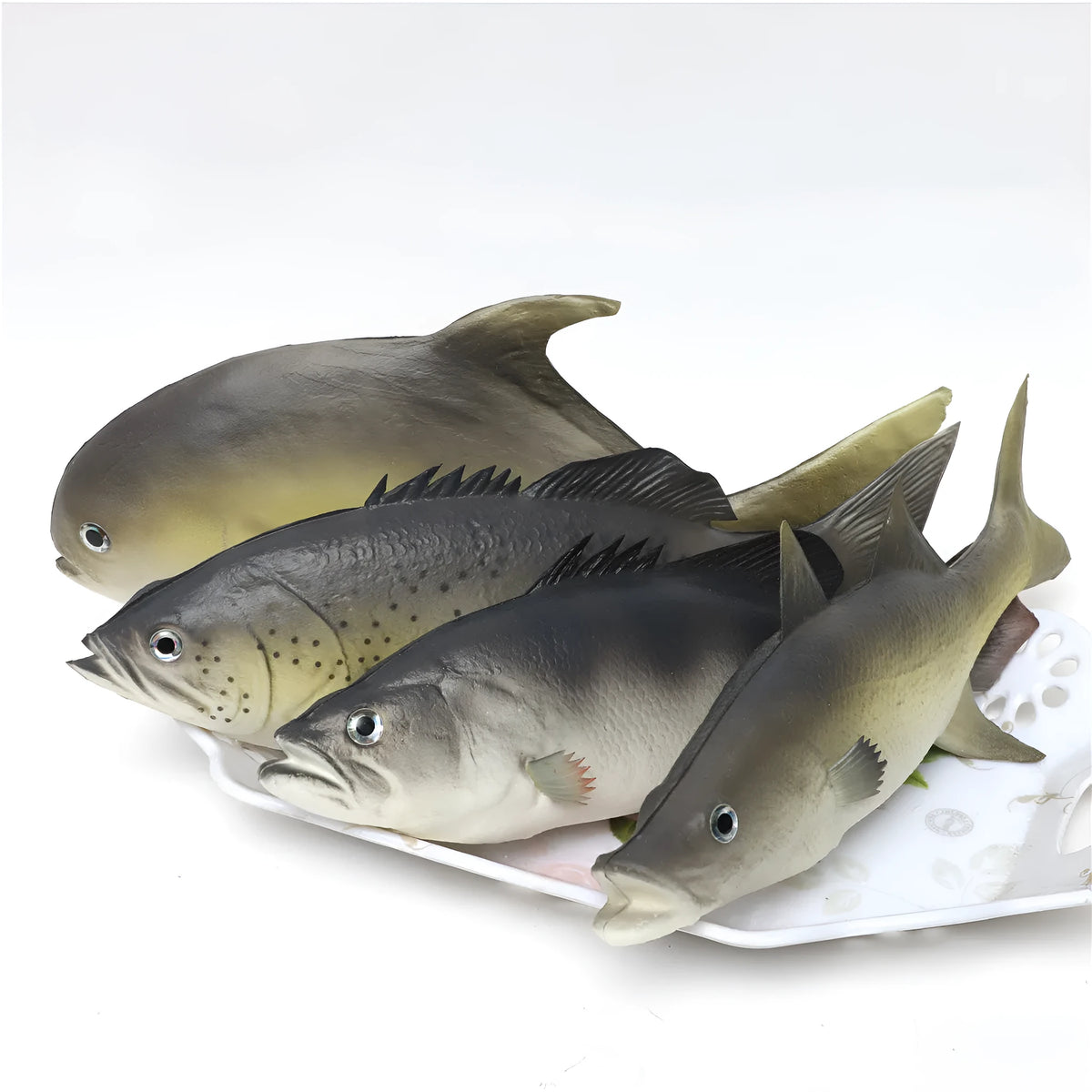 PU simulated fish ornament set showing yellow-fin tuna, flower fish, and small yellow croaker marine models