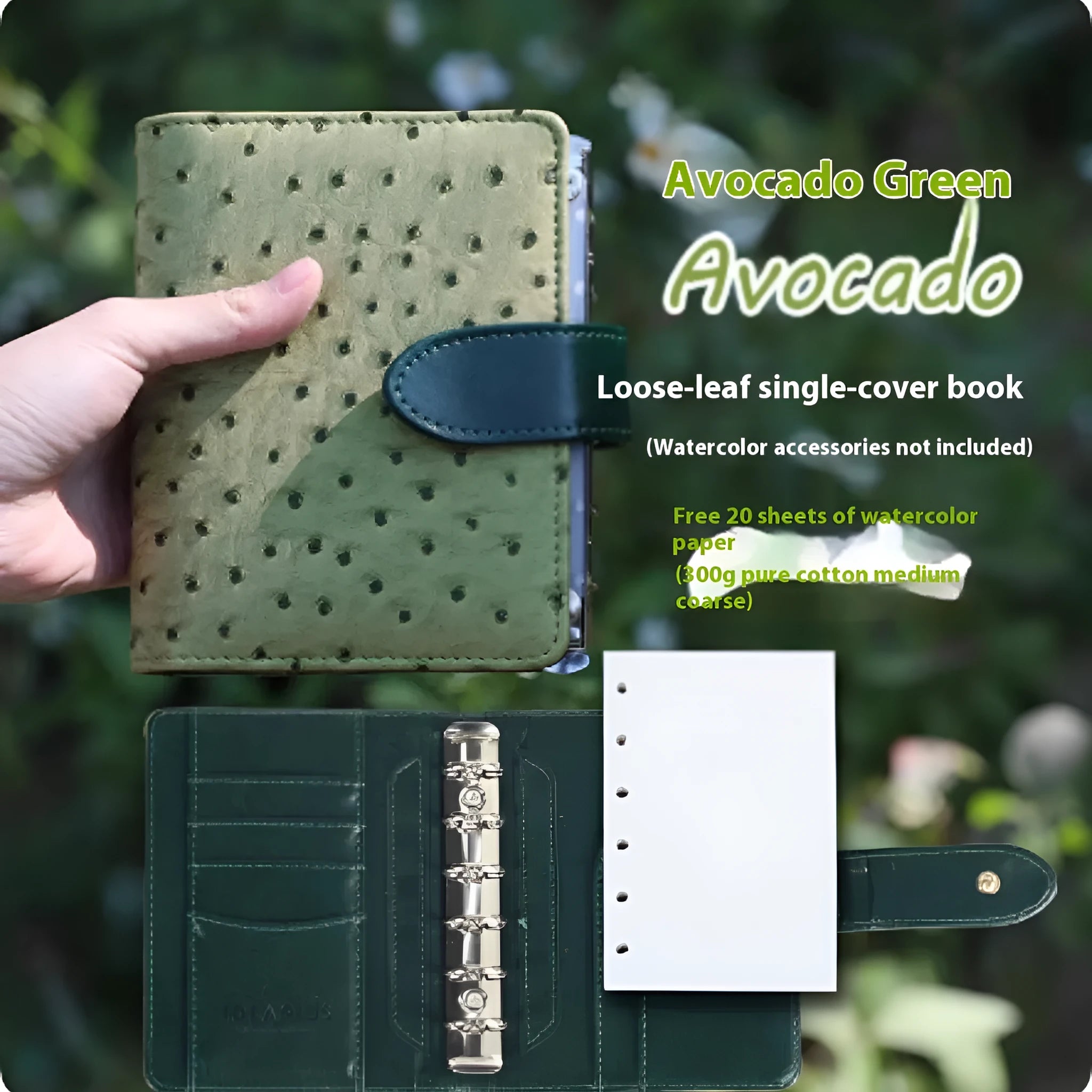 A7 format loose-leaf watercolour book in avocado green, hazelnut brown, mango pudding, mocha coffee and rainforest green.