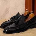 Men's black and brown genuine leather slip-on loafers with rubber soles and British style design