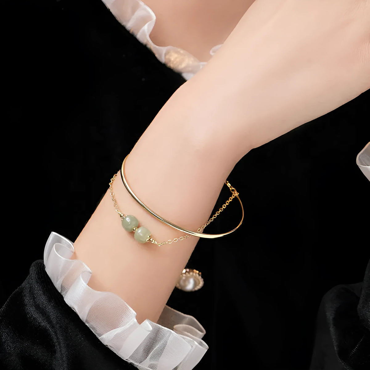 Hetian jade women's bracelet with gold inlay and lucky beads, shown in single, double, and three-bead versions.
