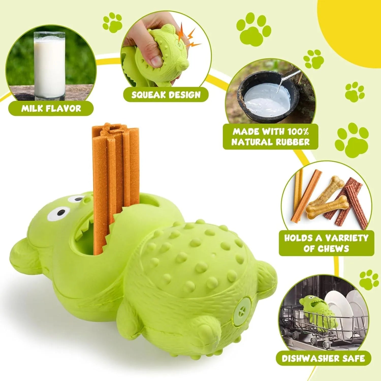 Green and yellow natural rubber squeaky dog toy for aggressive chewing dogs.