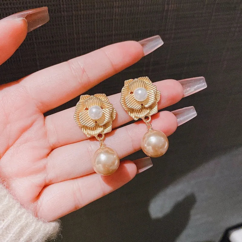 Gold colour Hong Kong style flower stud earrings with needle rose pearl and opal stone design