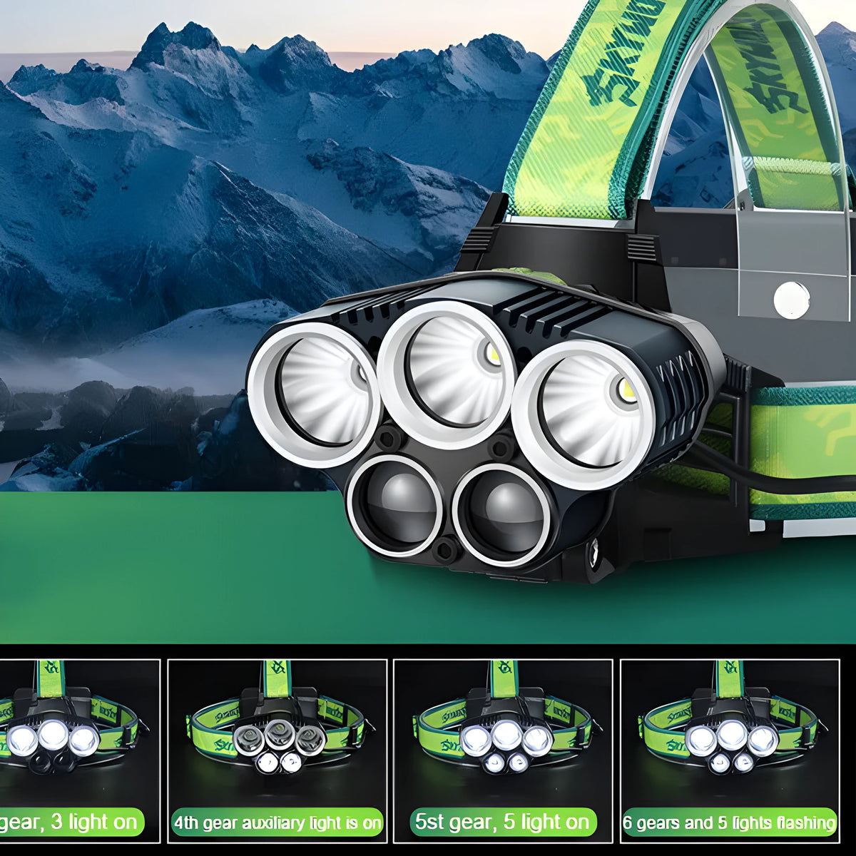 Yellow-green USB rechargeable headlamp with aluminium alloy housing and adjustable head strap.