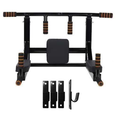 Black wall-mounted sandbag rack with parallel bars for pull-up exercises and martial arts training