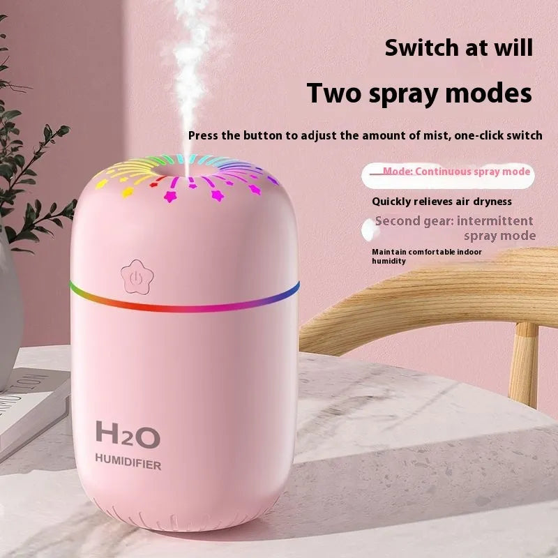 Fireworks A5 white USB mini humidifier on a desk next to a laptop
