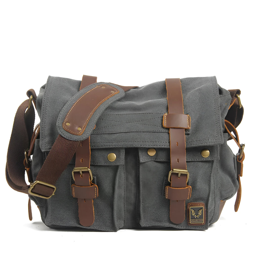 Men's retro canvas crossbody shoulder bag with cowhide trim and postman flap in Army Green colour