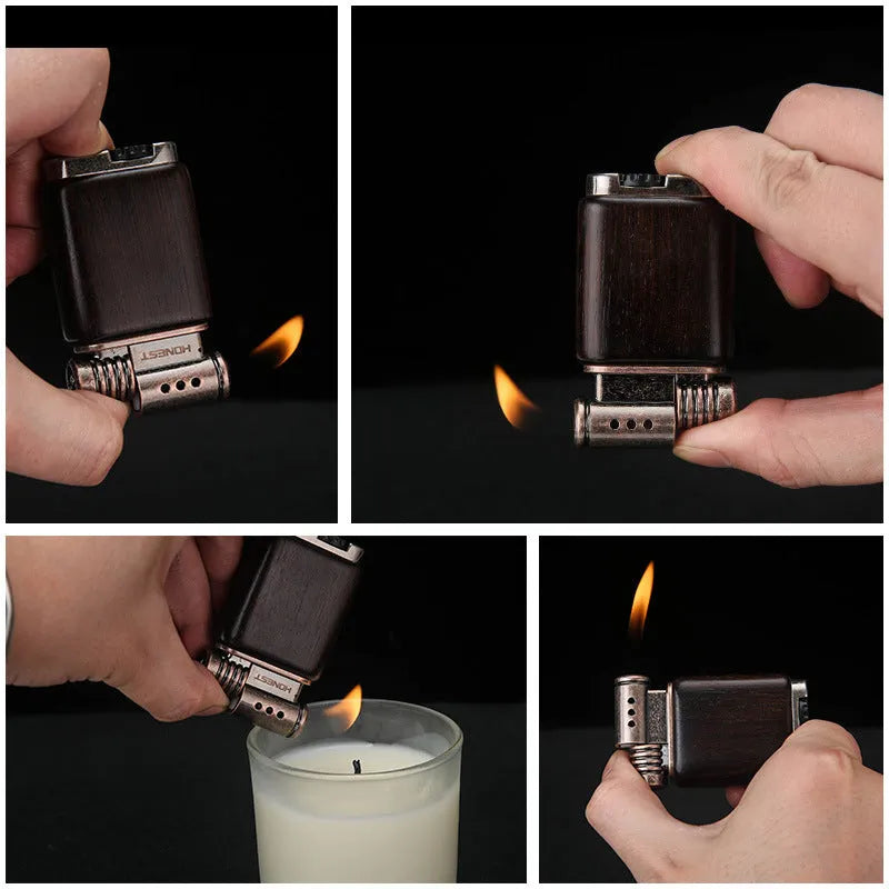 Decorative metal gas lighter in a choice of black wood, rosewood, or red wood finish.