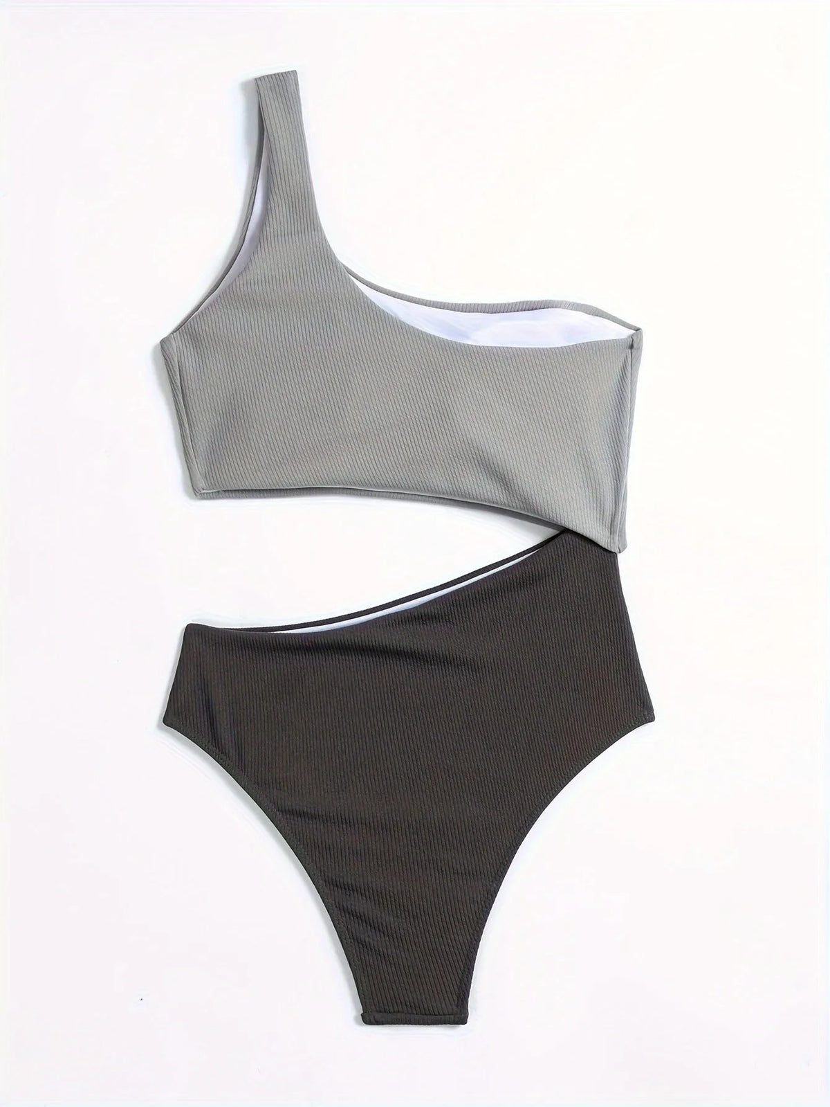 Women's light gray one-shoulder one-piece swimsuit on a neutral background.