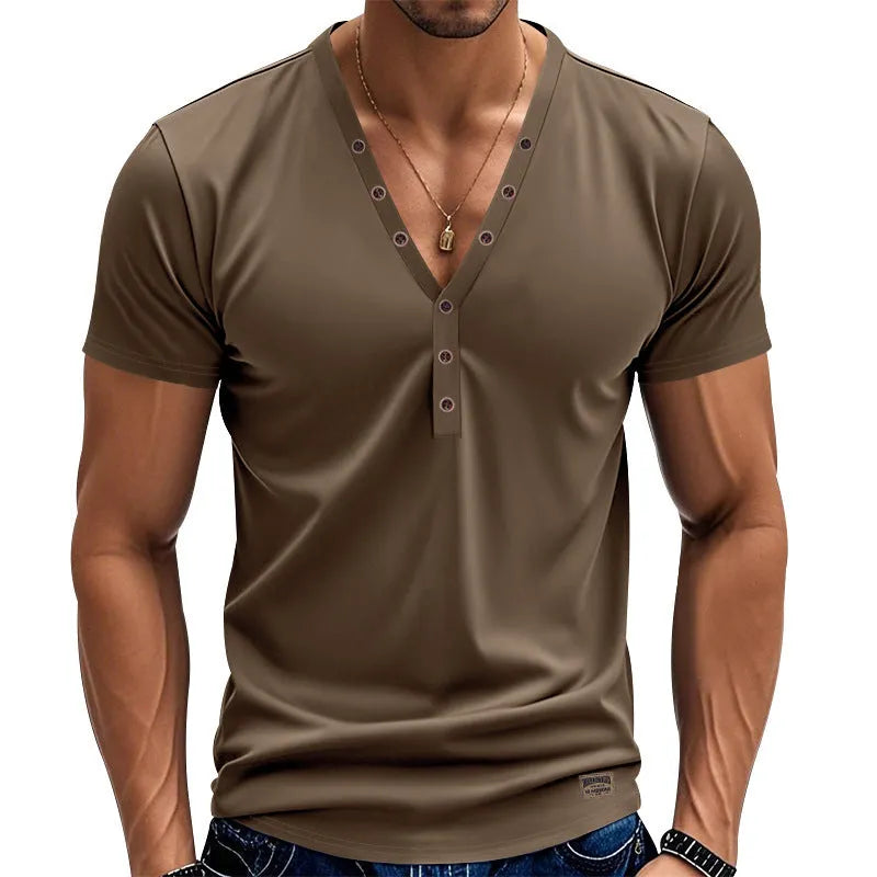 Men's loose V-neck sports top with button detail in chemical fibre blend fabric