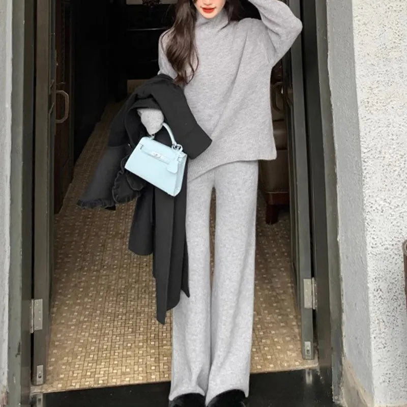 Women's beige acrylic fibre sweater and wide-leg pants two-piece casual set