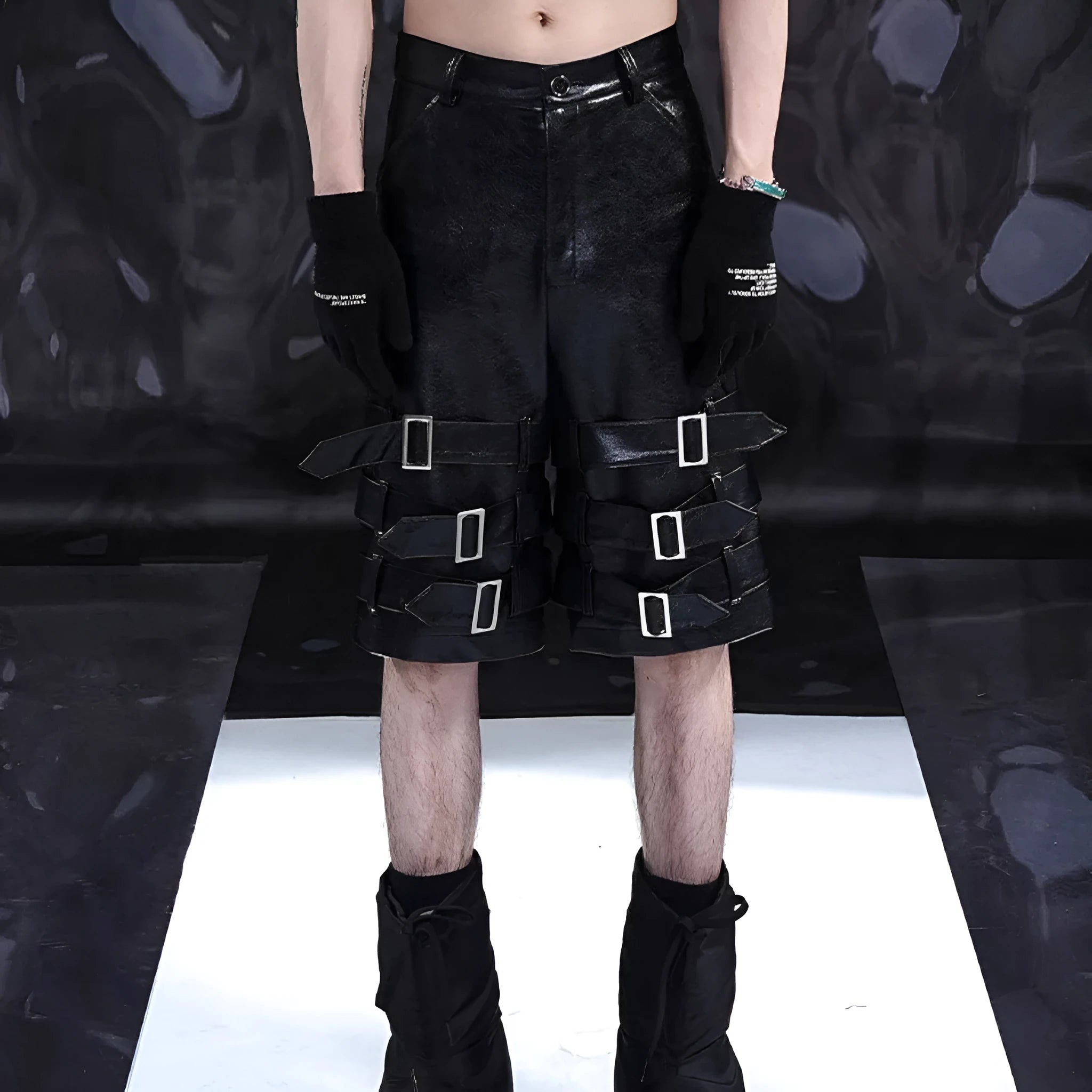 Men's black PU leather casual shorts with cropped length and a leather ring detail on the front.