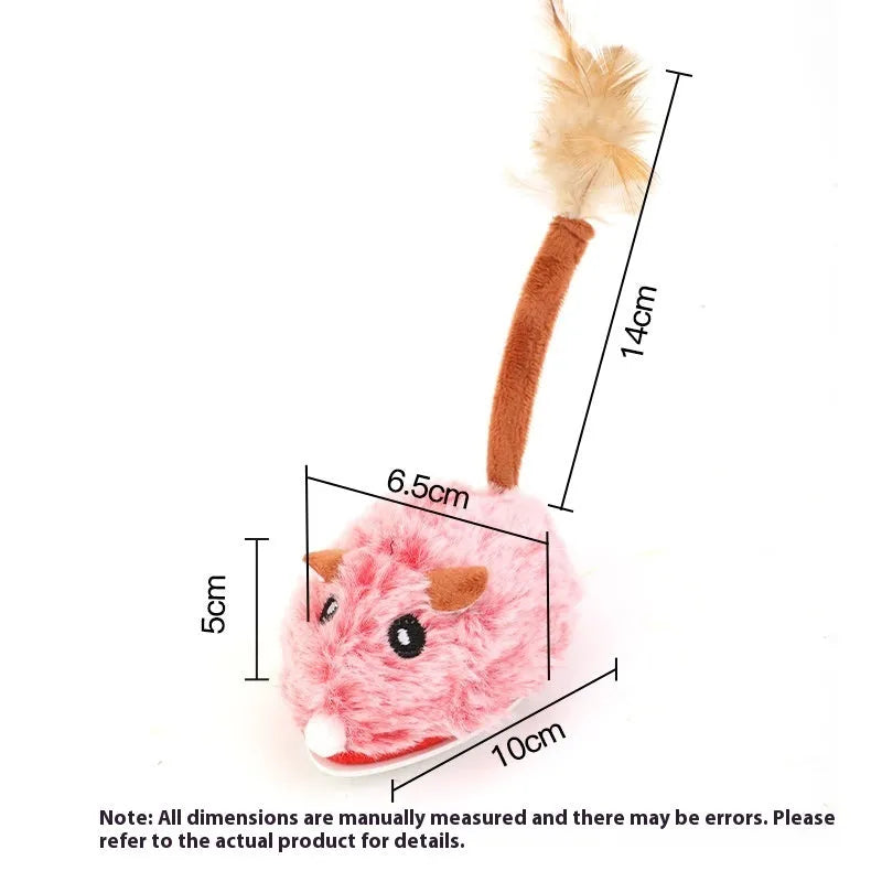 Electric moving mouse cat pole toy in pink plush with USB Type-C charging port