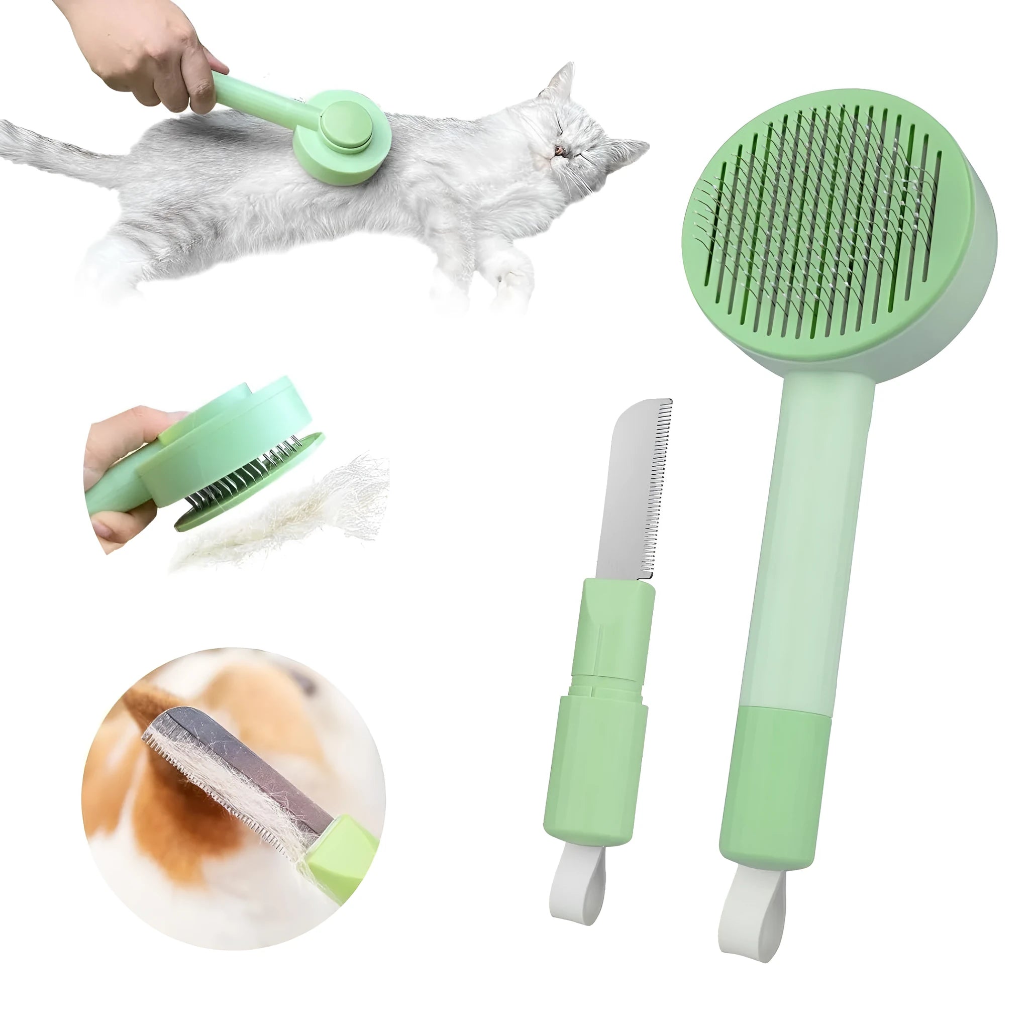 Green and yellow pet grooming brush with stainless steel deshedding teeth and hanging loop