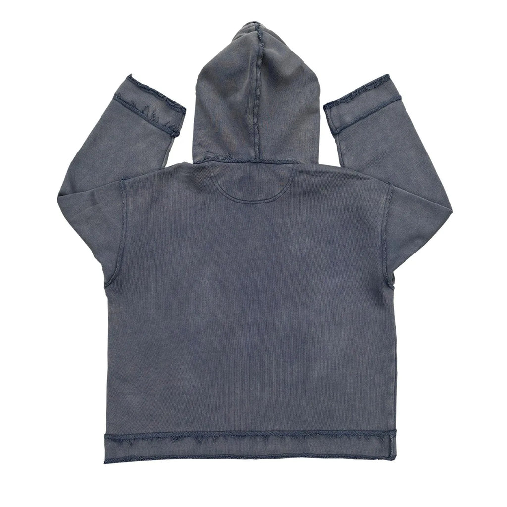 A dark blue oversized cotton blend hoodie sweatshirt with a fleece lining, shown on a hanger.