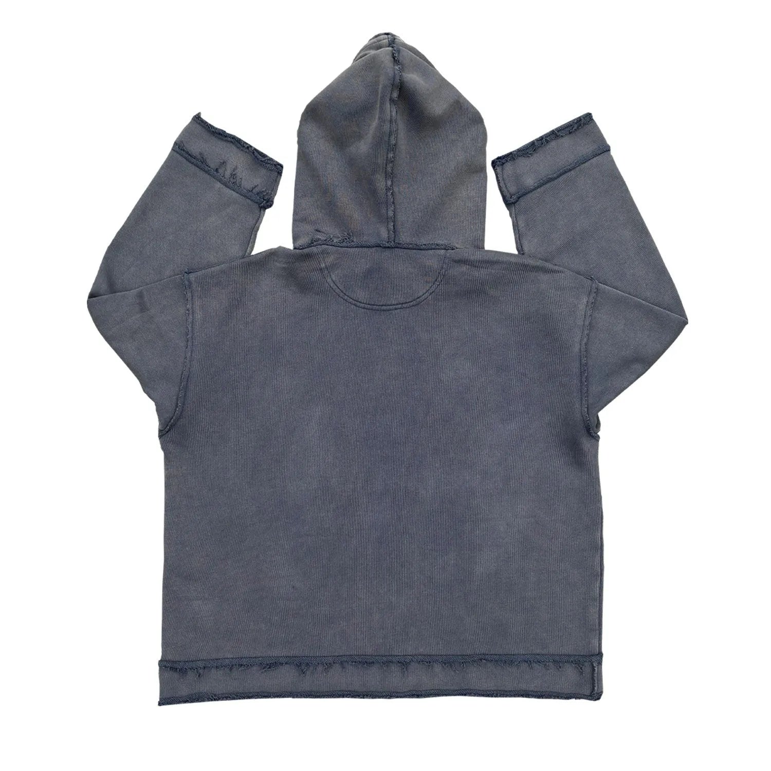 A dark blue oversized cotton blend hoodie sweatshirt with a fleece lining, shown on a hanger.