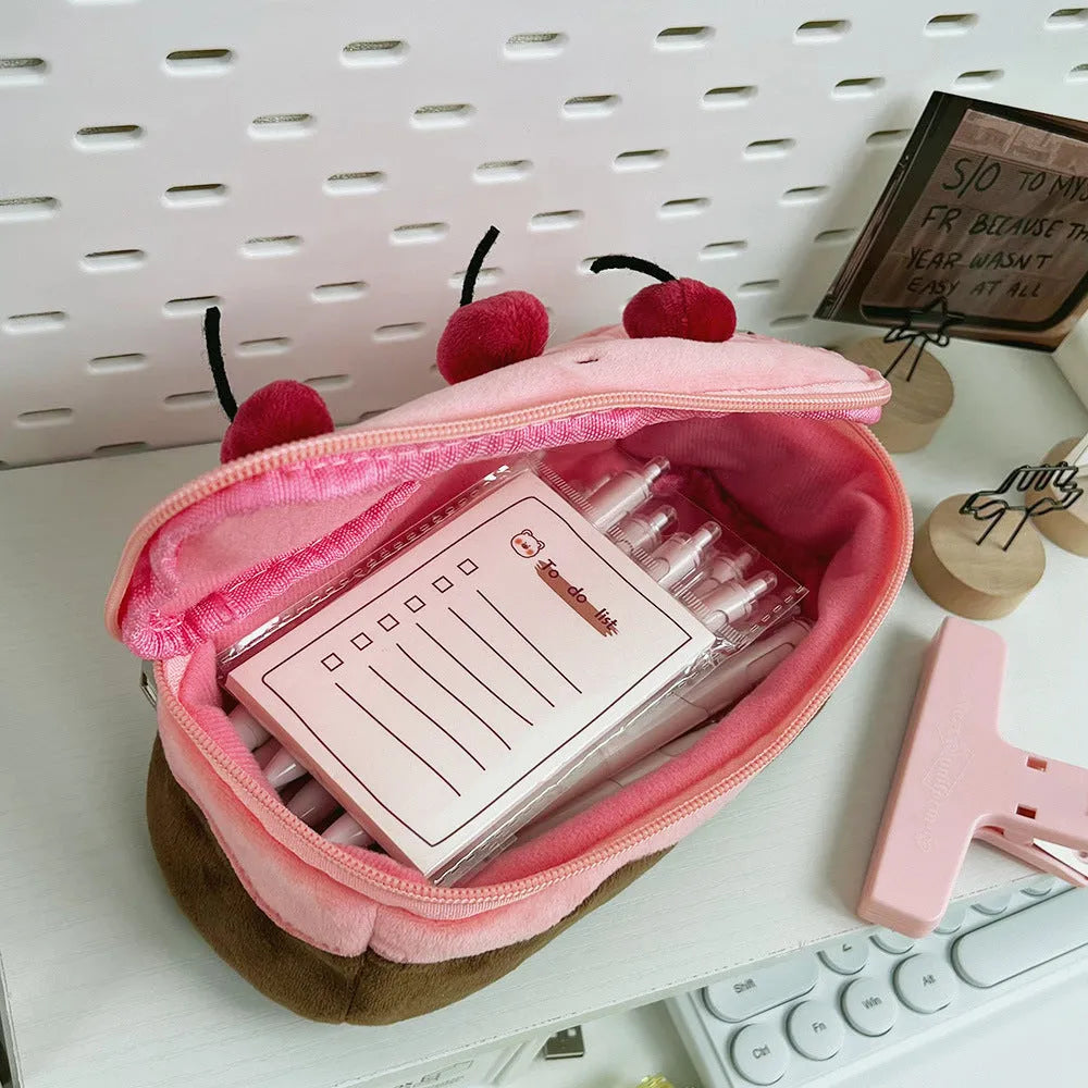 Cherry Cake plush velvet pencil case with zip closure in Korean style design