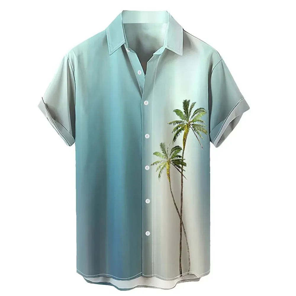 Hawaiian men's shirt with 3D printed colour pattern and short sleeves