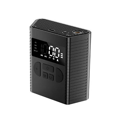 Portable wireless car tyre inflator with LED light display and USB port on compact black housing