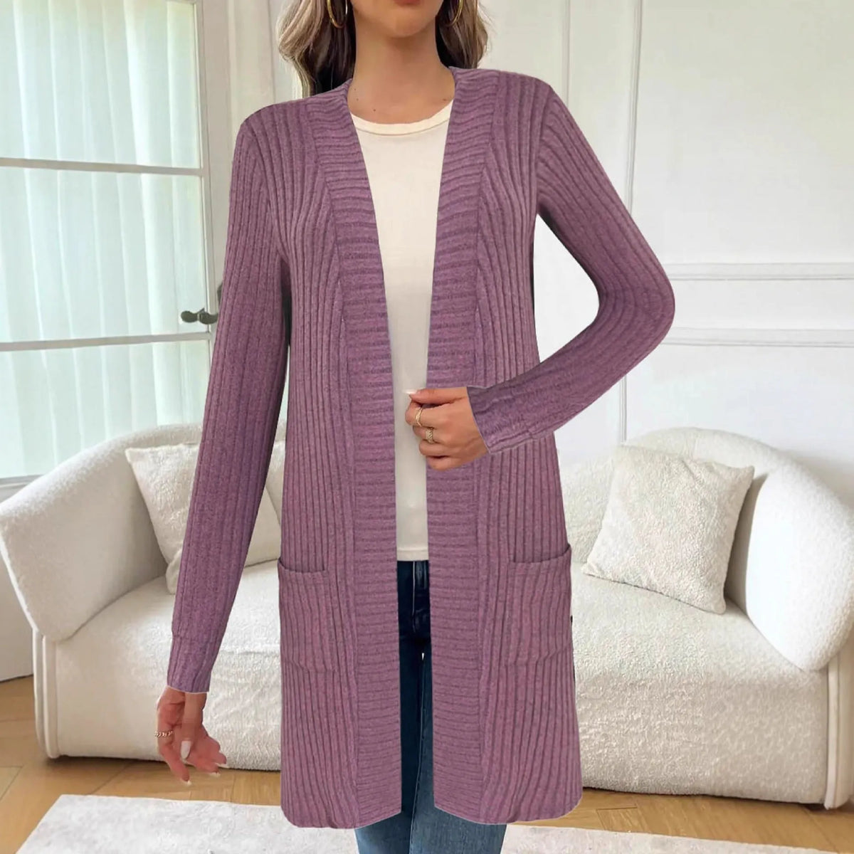 A loose-fit long sleeve knitted cardigan jacket in black, grey, or wine red.
