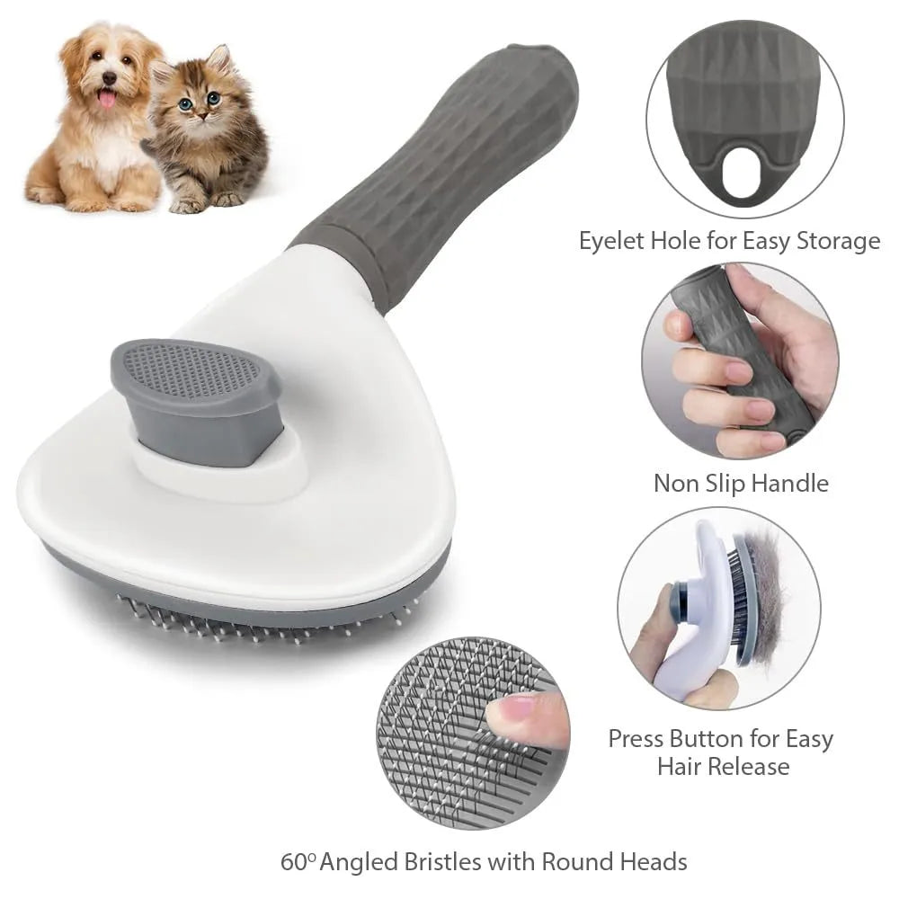 Blue, grey, and pink cat brush with a release button for pet hair removal