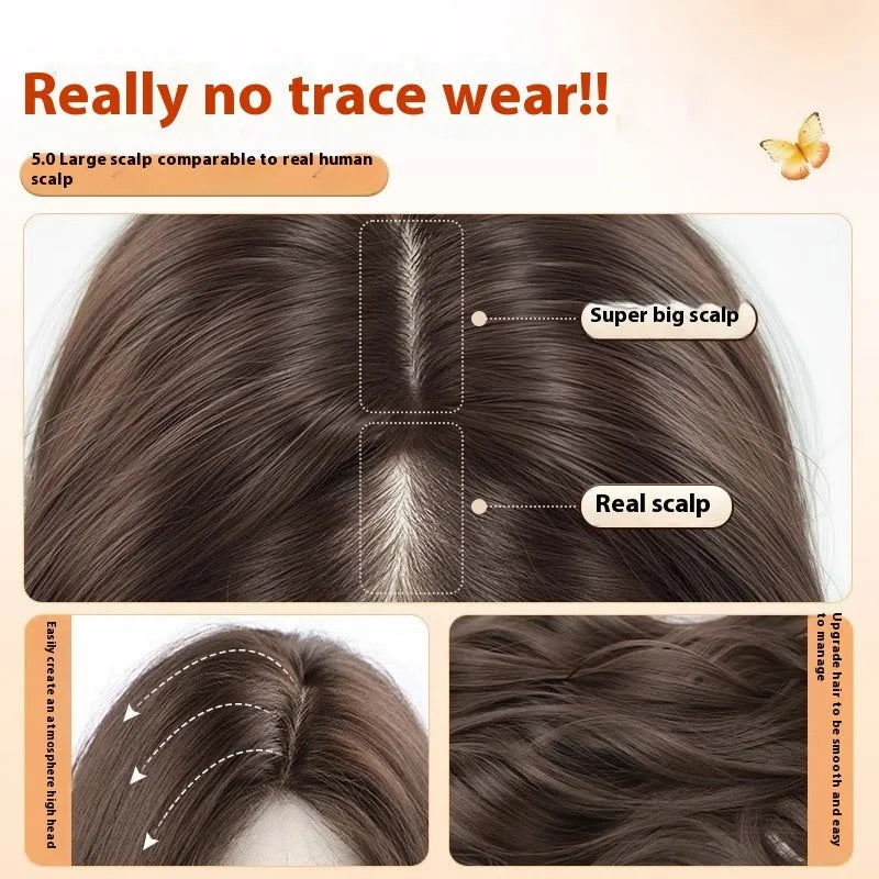 Women's full-head wig with long curly artificial hair and side bangs in brown black colour