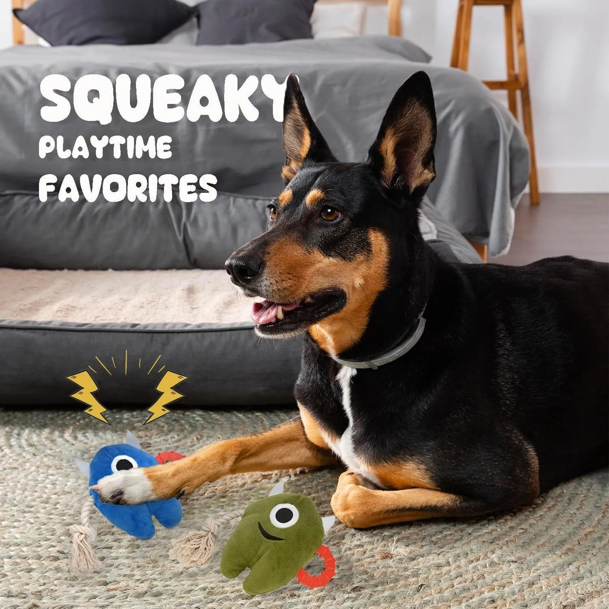 Blue and green plush dog toy with integrated rope and squeaker for chewing and tug-of-war play