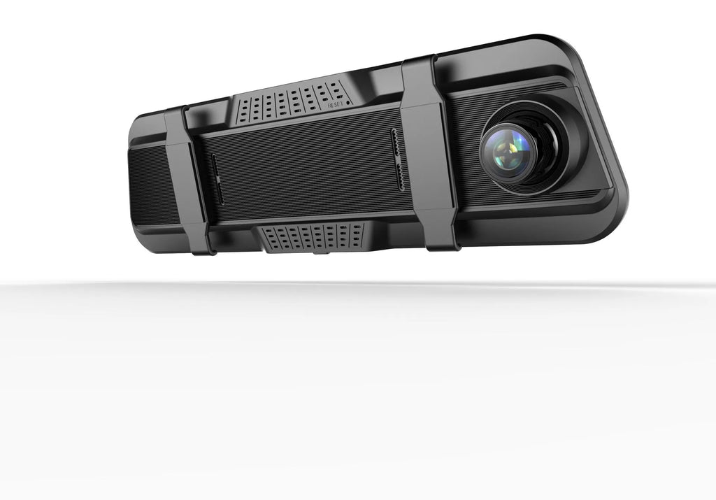 Dual lens car dash cam mounted on rearview mirror with 9.66-inch touch screen display